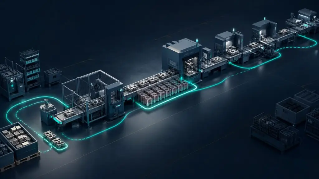Engpässe in der Produktion: Warum die Ursache selten dort liegt, wo sie sichtbar wird Visualisierung eines Engpasses in einer Produktionslinie mit Materialstau und freien Kapazitäten