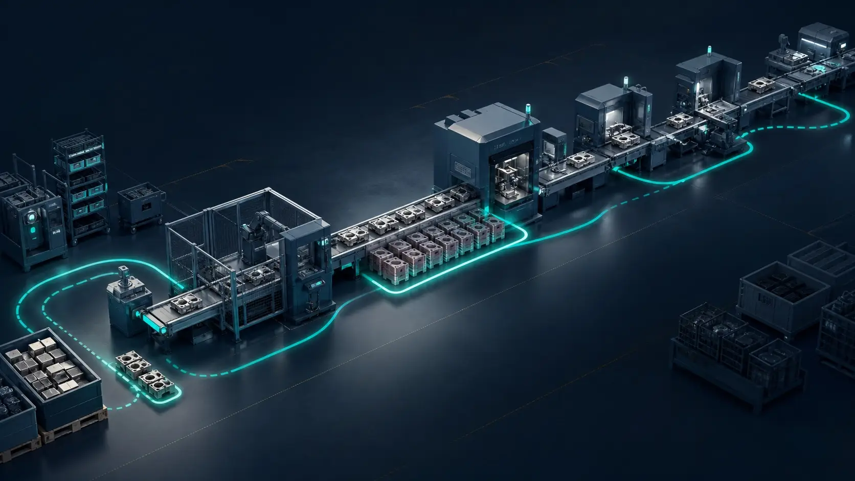 Visualisierung eines Engpasses in einer Produktionslinie mit Materialstau und freien Kapazitäten