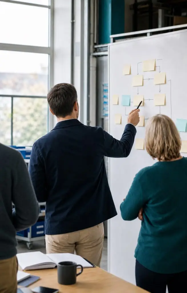 Optivara Prozessworkshop mit Berater und Team am Prozessboard