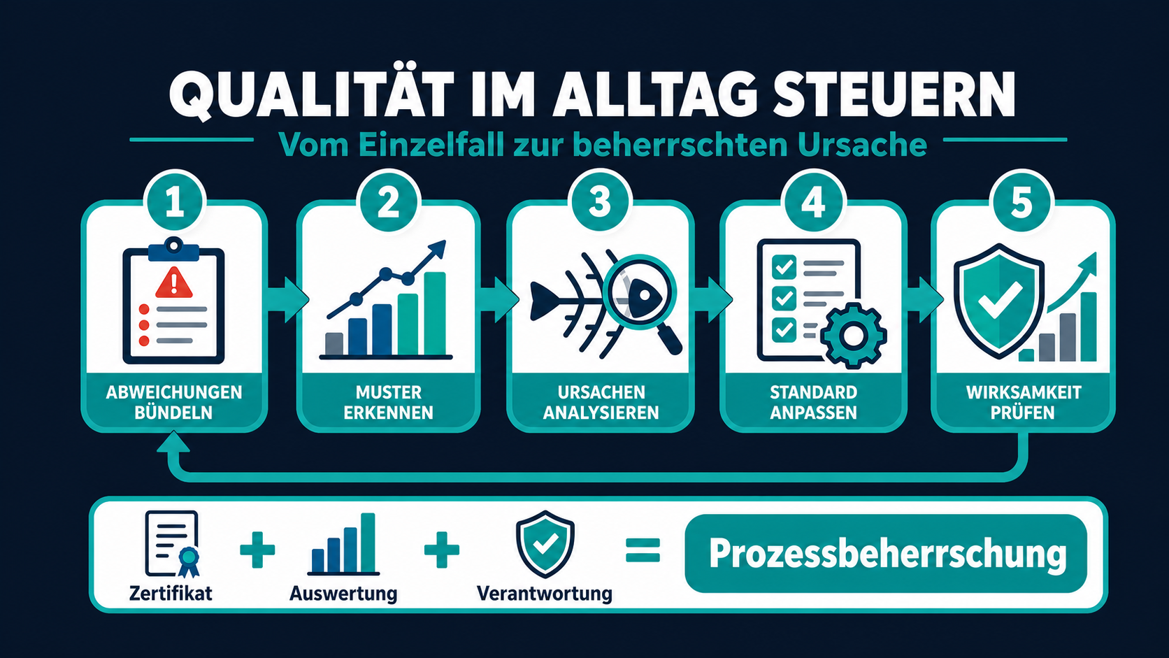 Lebensmittelproduktion: Warum ein Zertifikat noch kein beherrschter Prozess ist Infografik mit fünf Schritten vom Erfassen von Abweichungen bis zur Wirksamkeitsprüfung im Qualitätsmanagement