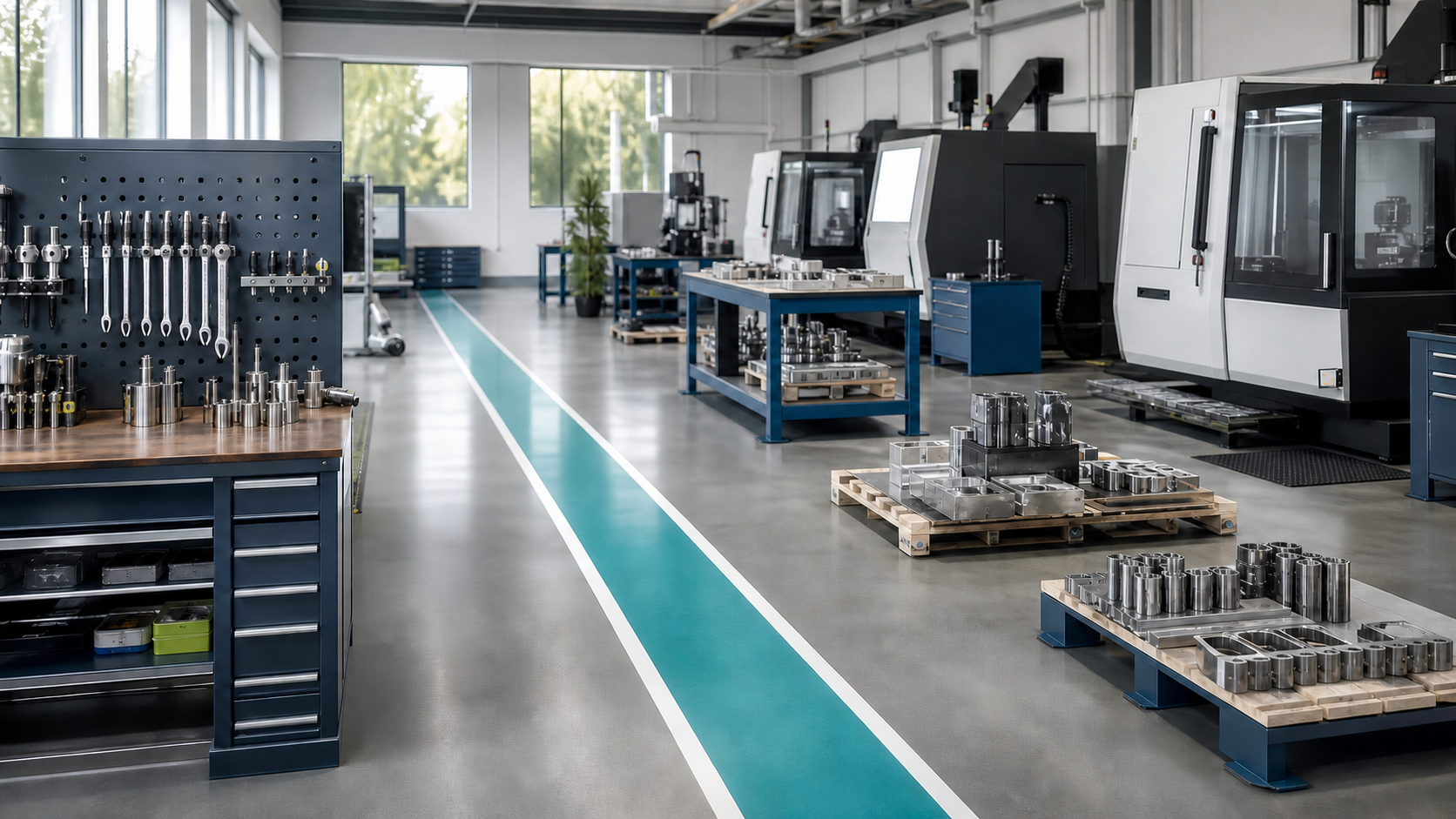 Aufgeräumte Metallfertigung mit geordneten Werkzeugen, CNC-Maschinen und einem klar markierten Verkehrsweg.