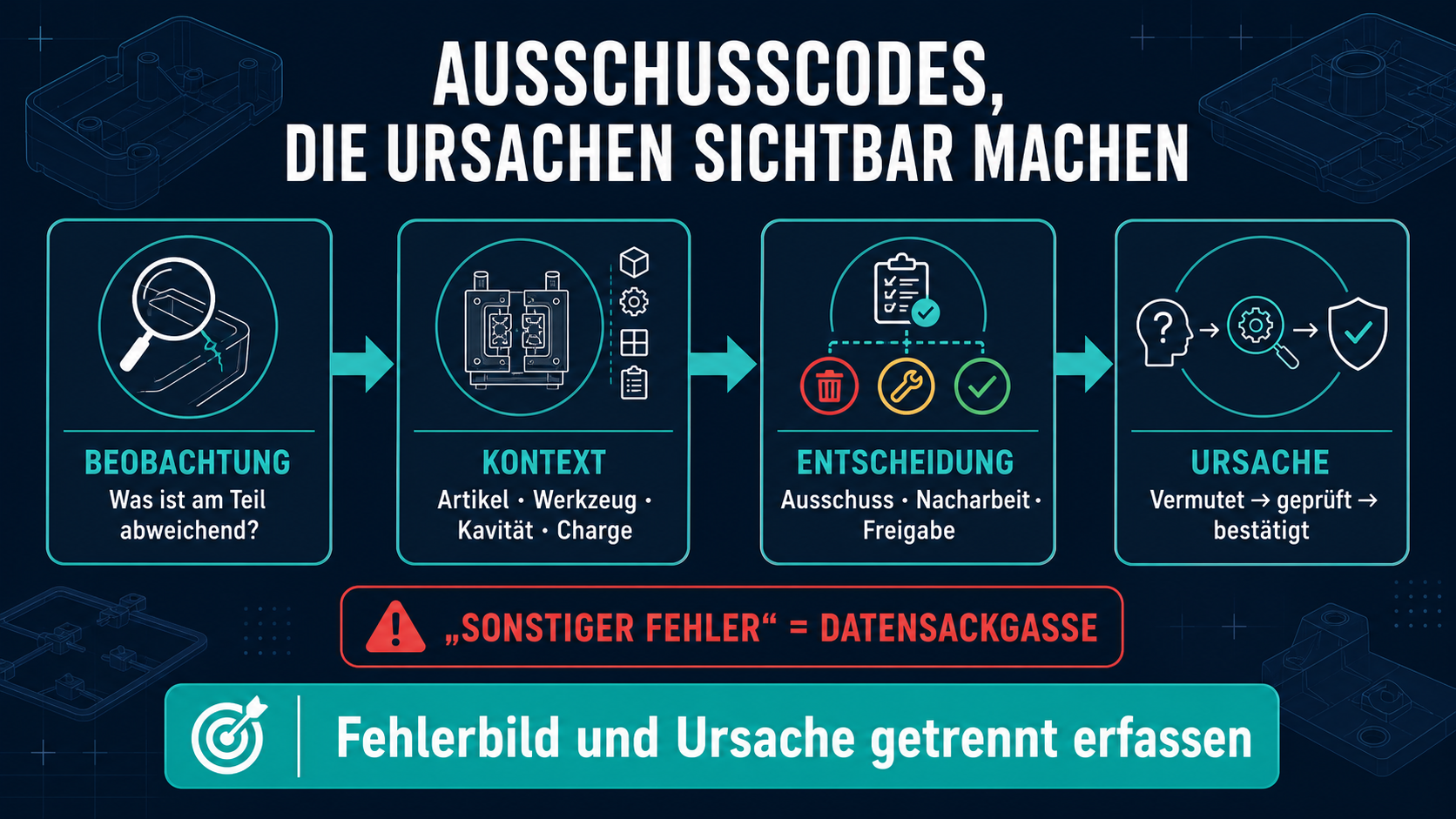Ausschusscodes im Spritzguss: Warum „Sonstiger Fehler“ keine Ursache ist Infografik zur getrennten Erfassung von Beobachtung, Kontext, Entscheidung und Ursache bei Ausschusscodes im Spritzguss