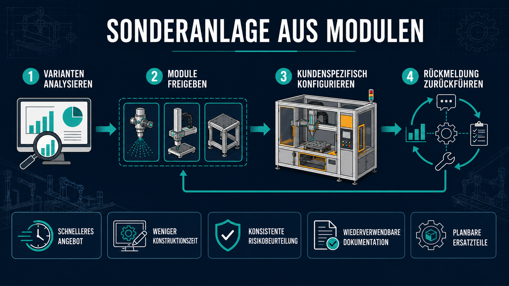Sondermaschinenbau: Kundenspezifisch heißt nicht, jedes Mal neu anzufangen Infografik zum Baukastenprinzip mit vier Schritten und fünf Vorteilen im Sondermaschinenbau