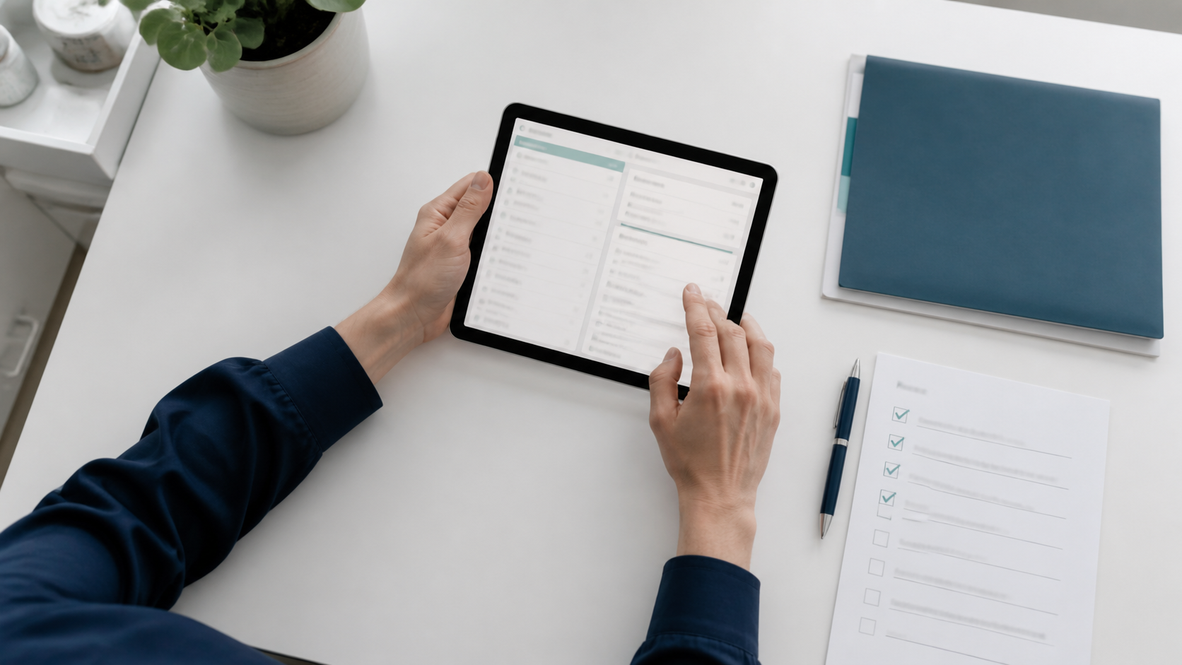 Dokumentation bei gesundheitsnahen Dienstleistern: Weniger schreiben, mehr aussagen Digitale Dokumentation im Gesundheitsdienst: Hände bedienen ein Tablet neben einer Checkliste.
