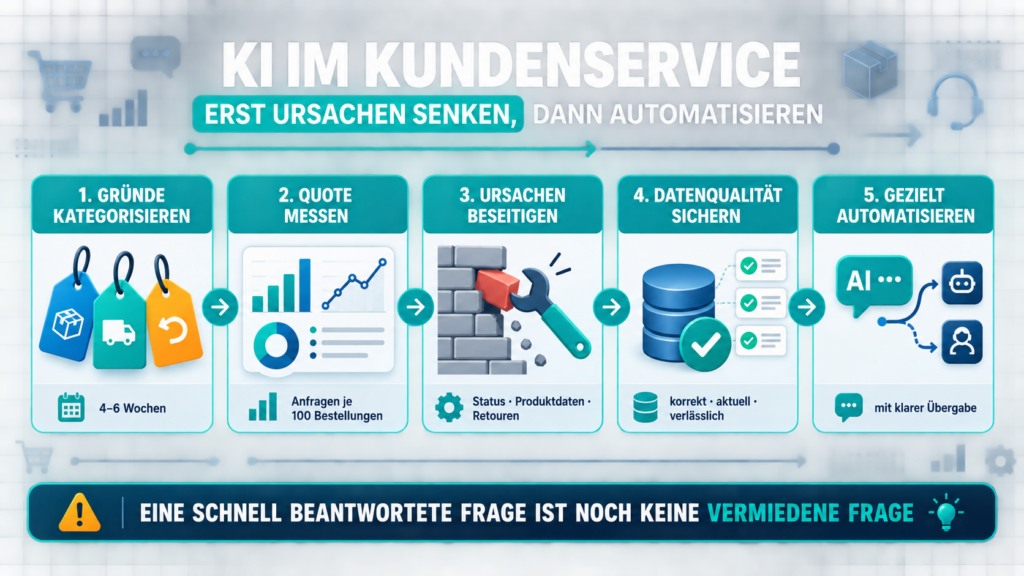 Infografik mit fünf Schritten für den gezielten Einsatz von KI im E-Commerce-Kundenservice
