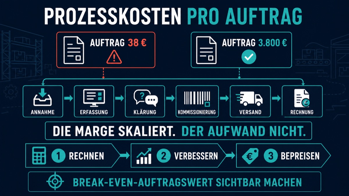 Prozesskosten pro Auftrag: Warum Ihr kleinster Kunde Ihr teuerster sein kann Infografik zum Vergleich der Prozesskosten eines 38-Euro- und eines 3.800-Euro-Auftrags im B2B-Handel