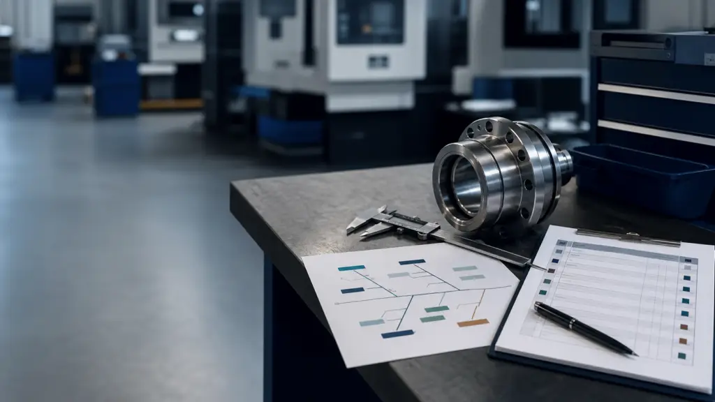 Qualitätsprobleme in der Produktion: Warum mehr Endkontrolle allein nicht hilft Präzisionsteil, Messschieber und Ursachenanalyse-Diagramm zur Qualitätsverbesserung in der Produktion