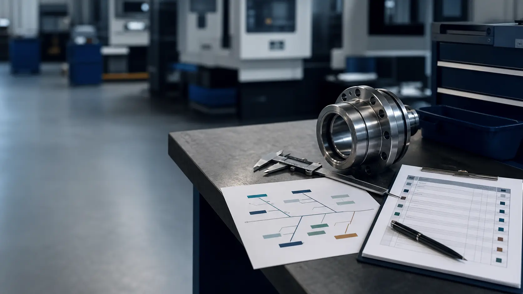 Qualitätsprobleme in der Produktion: Warum mehr Endkontrolle allein nicht hilft Präzisionsteil, Messschieber und Ursachenanalyse-Diagramm zur Qualitätsverbesserung in der Produktion