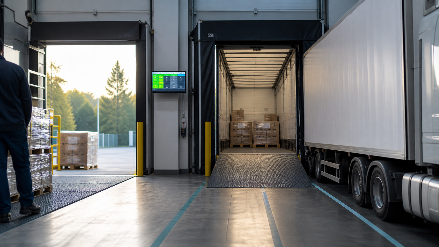 Geordnete Laderampe mit angedocktem Lkw und vorbereiteten Paletten zur Reduzierung von Rampenwartezeiten.