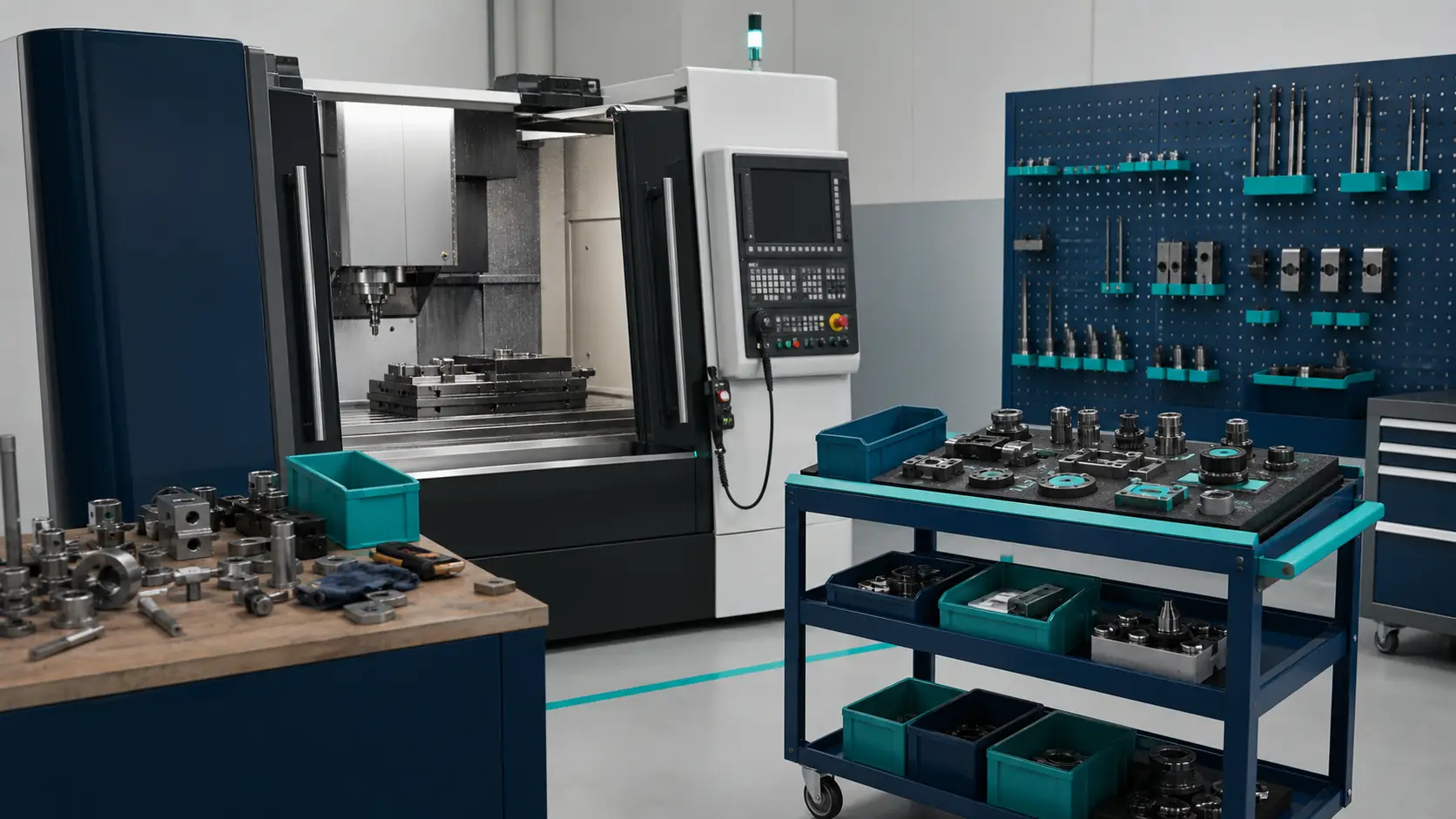 Vorbereiteter Rüstwagen und Werkzeugtafel an einer CNC-Maschine zur Verkürzung der Rüstzeit.
