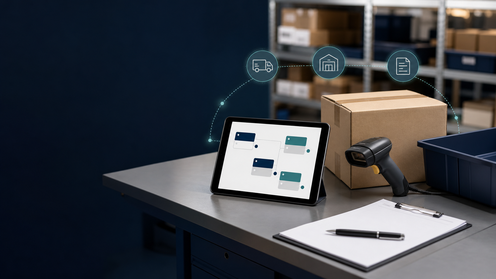Scanner, Paket und digitales Prozessdiagramm für Schnittstellen in der Logistik
