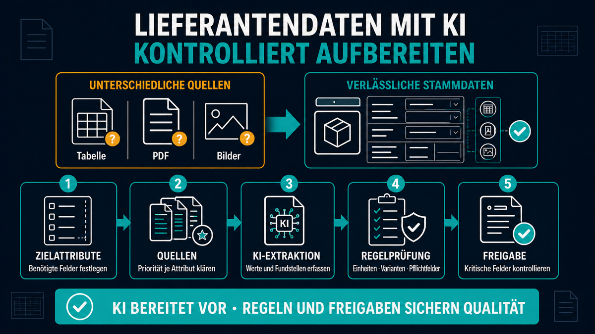 Lieferanten-PDF rein, verlässliche Stammdaten raus? Infografik: Lieferantendaten aus Tabellen, PDFs und Bildern mit KI kontrolliert in verlässliche Produktstammdaten überführen