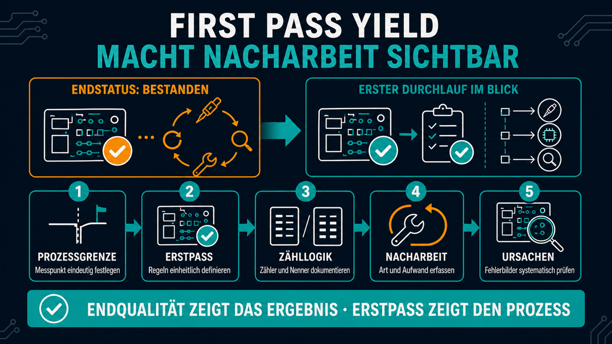 First Pass Yield: Nacharbeit macht Qualitätsverlust unsichtbar Infografik zum First Pass Yield in der Elektronikfertigung mit fünf Schritten von Prozessgrenze bis Ursachenanalyse