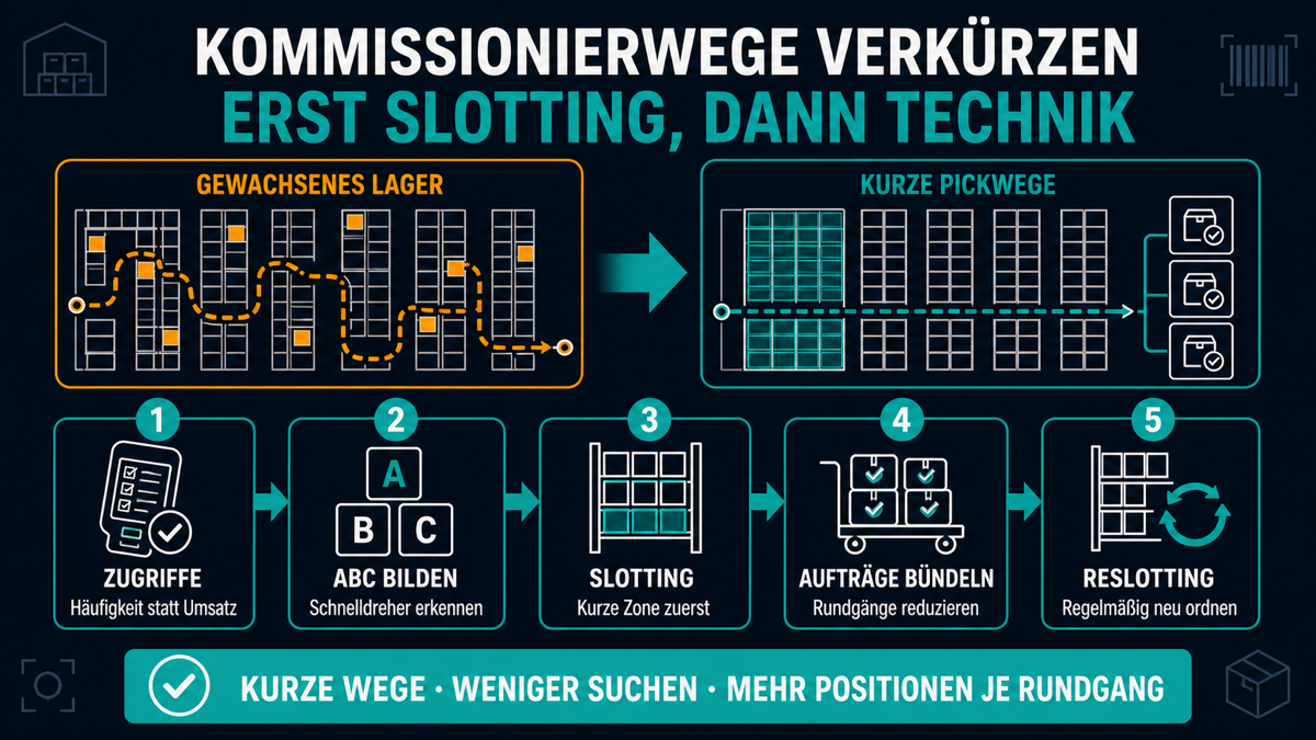 Infografik zur Verkürzung von Kommissionierwegen mit Zugriffsanalyse, ABC-Klassifizierung, Slotting, Auftragsbündelung und Reslotting