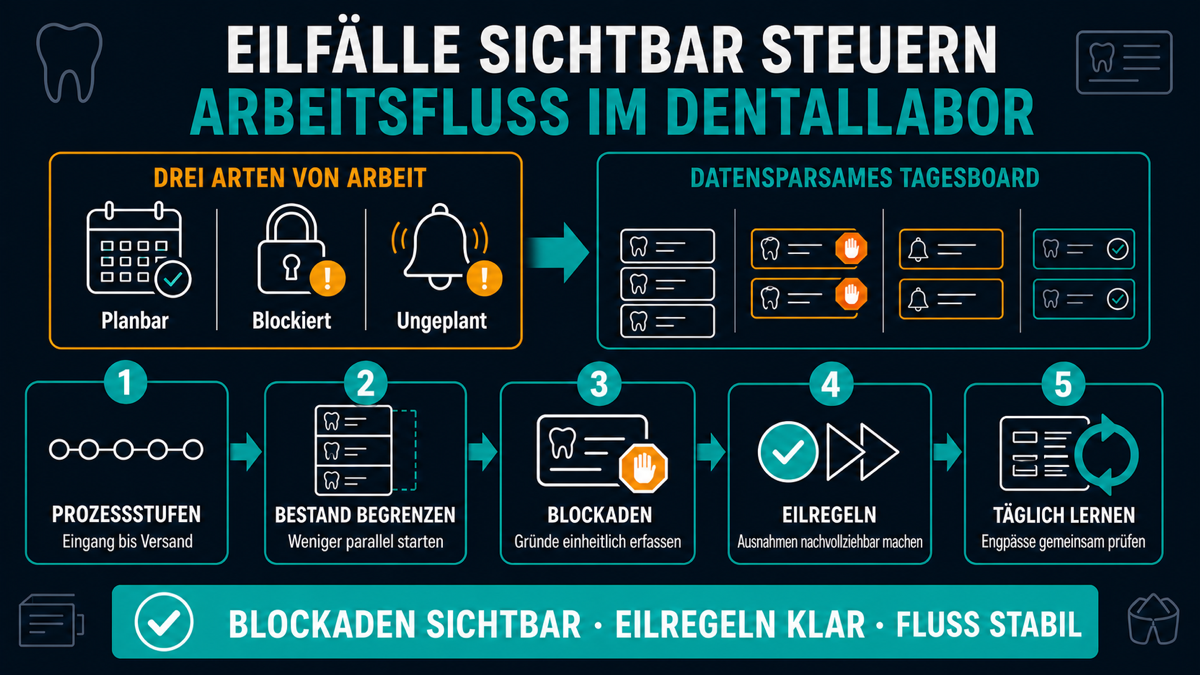 Infografik zum Arbeitsfluss im Dentallabor mit planbaren, blockierten und ungeplanten Aufträgen sowie fünf Lean-Schritten