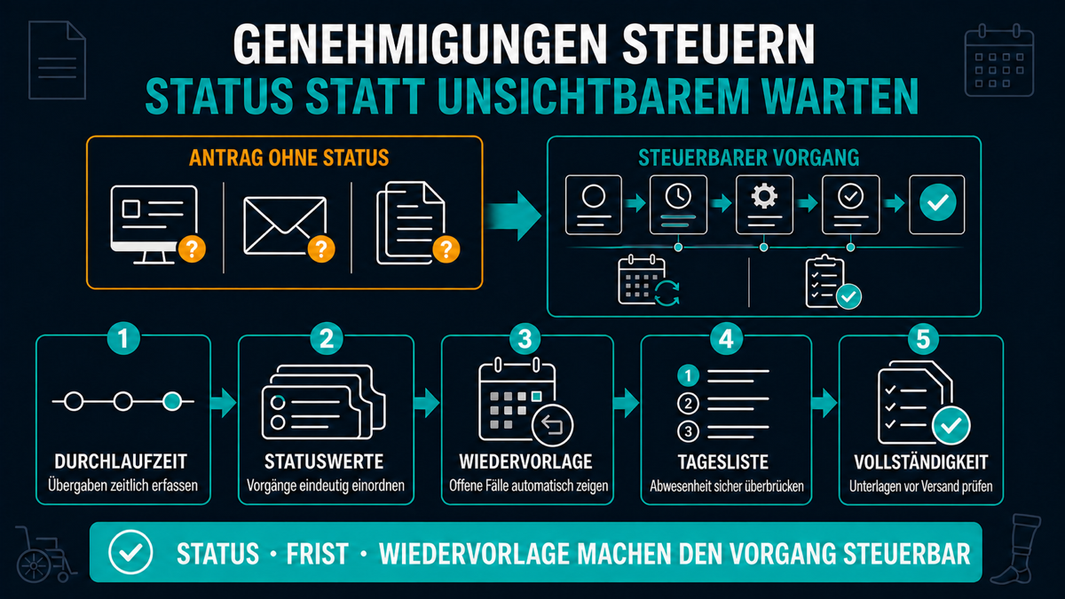 Infografik zur Steuerung von Genehmigungsvorgängen im Sanitätshaus mit Statuswerten, Wiedervorlage, Tagesliste und Vollständigkeitsprüfung