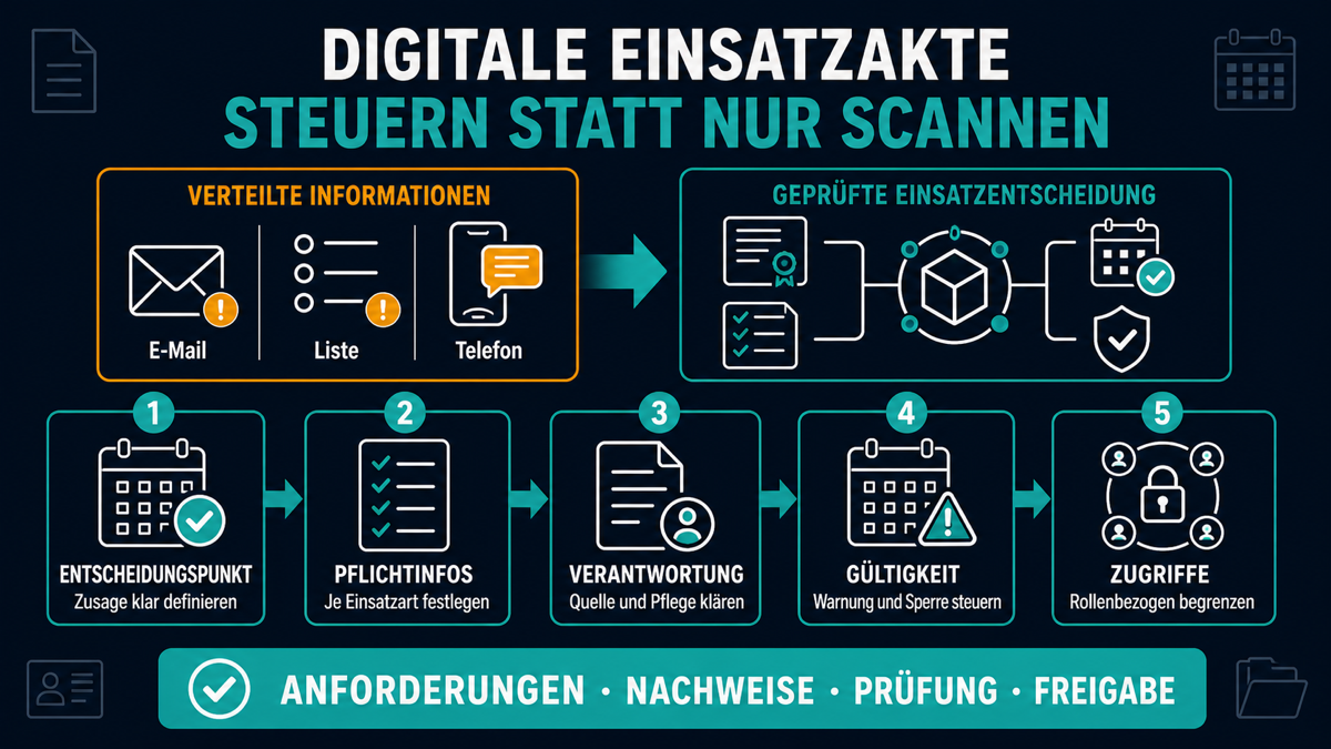 Infografik zur digitalen Einsatzakte im Personaldienstleister mit Pflichtinformationen, Verantwortlichkeiten, Gültigkeitssteuerung und rollenbezogenen Zugriffen
