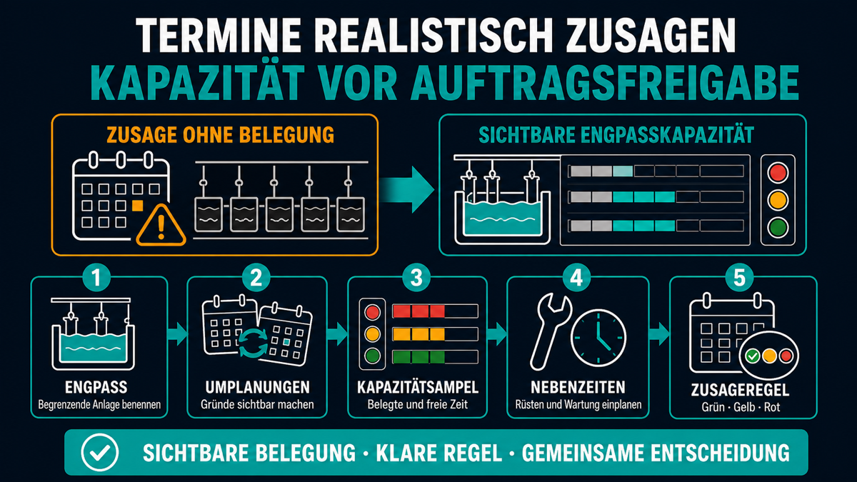 Infografik zur Kapazitätssteuerung in der Galvanik mit Engpassanlage, Kapazitätsampel, Nebenzeiten und Zusageregeln