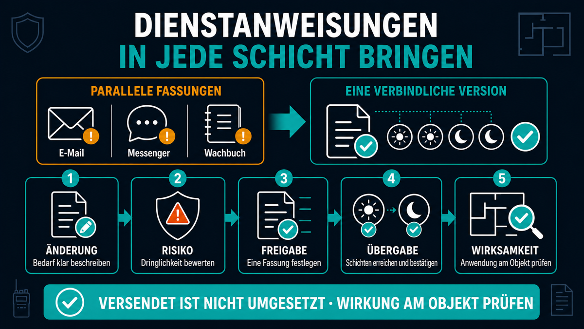 Die Dienstanweisung wurde geändert – nur der Nachtdienst weiß es nicht Infografik zum Änderungsprozess von Dienstanweisungen im Sicherheitsdienst mit Freigabe, Schichtübergabe und Wirksamkeitsprüfung