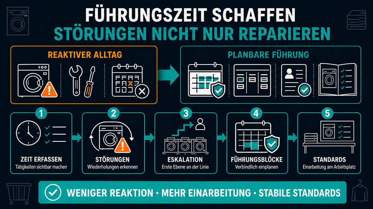 Infografik zur planbaren Führungszeit für Betriebsleiter in einer gewerblichen Wäscherei mit Störungsanalyse, Eskalation und Führungsblöcken