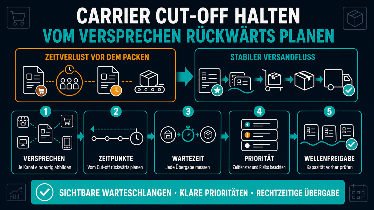 Bestellt vor dem Cut-off – trotzdem nicht versendet Infografik zur Einhaltung des Carrier Cut-offs im E-Commerce mit rückwärts geplanter Auftragsbearbeitung, Wartezeiten, Prioritäten und Wellenfreigabe