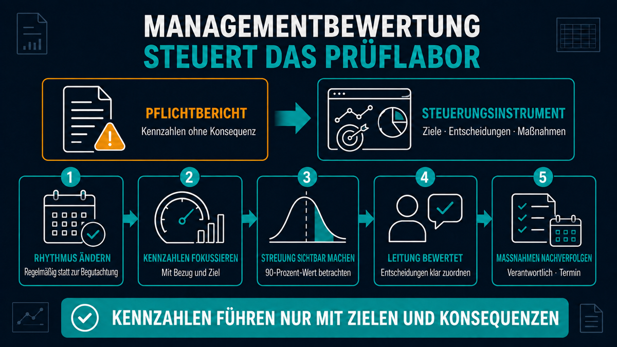 Infografik zur Managementbewertung im Prüflabor: vom Pflichtbericht zum Steuerungsinstrument mit Kennzahlen, Leitung und Maßnahmenverfolgung