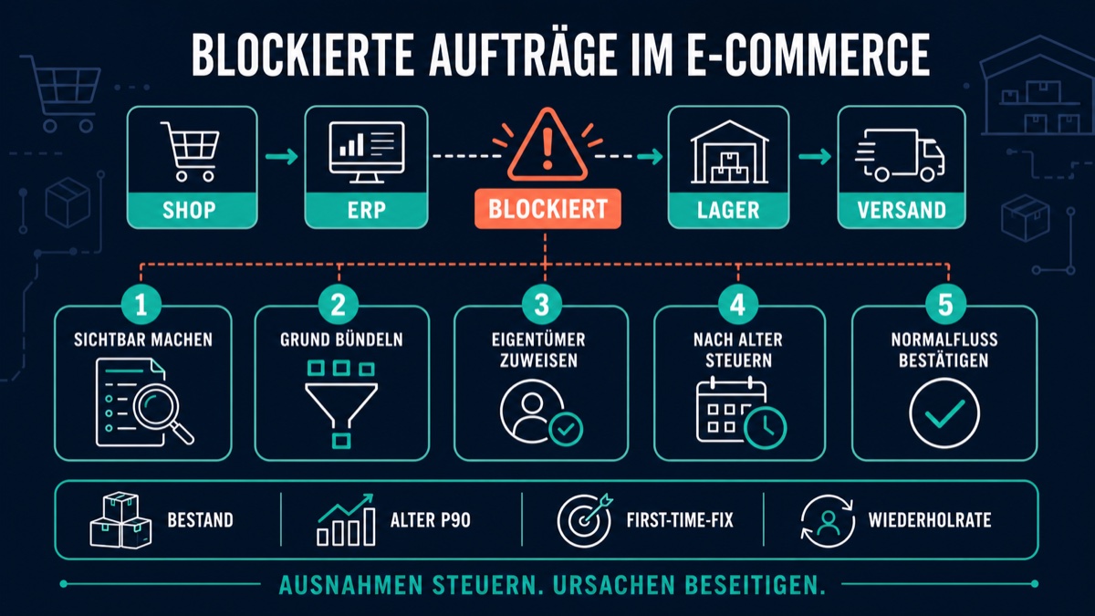 Der unsichtbare Auftragsstau im E-Commerce Infografik zum Prozess für blockierte Aufträge im E-Commerce von der Sichtbarkeit bis zur Rückkehr in den Normalfluss