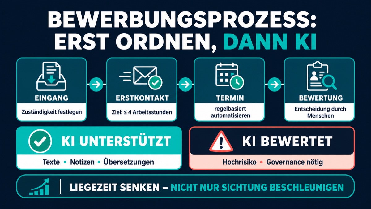 KI im Bewerbungsprozess: Die Frist ist verschoben, das Problem nicht Infografik zum Bewerbungsprozess: Eingang, Erstkontakt, Termin, menschliche Bewertung und unterstützender KI-Einsatz