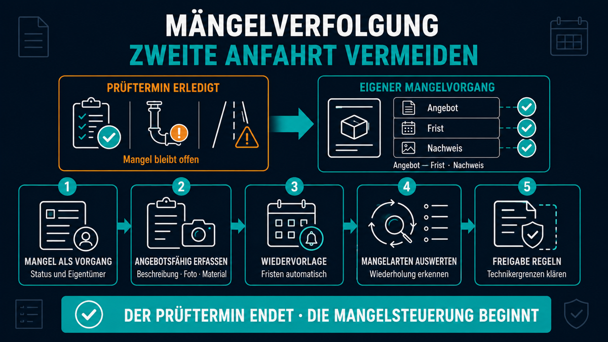 Prüftermin gehalten, Mangel offen: Was die zweite Anfahrt wirklich kostet maengelverfolgung erstbehebungsquote sicherheitstechnik